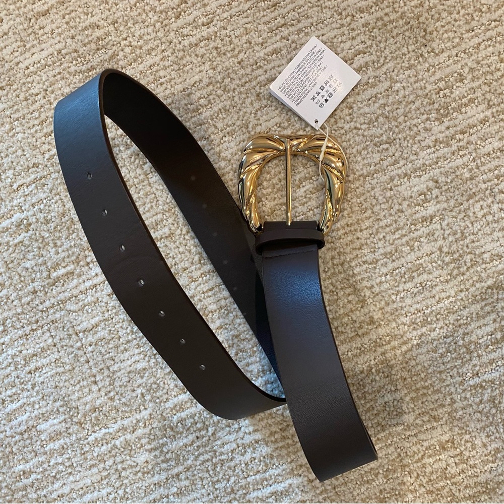 Zara Black Leather Belt with Gold Sculpted Buckle